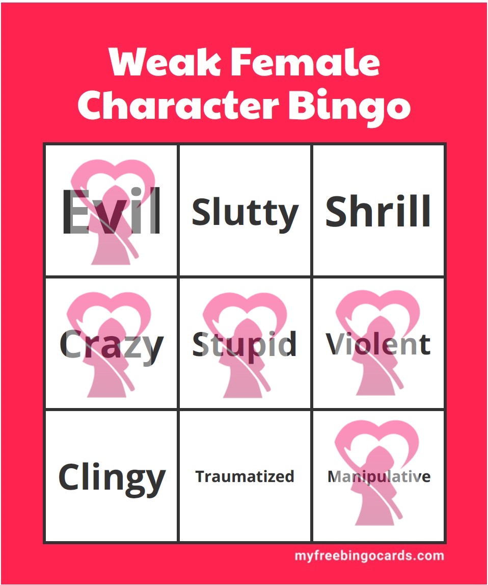 Weak Female Character "Bingo" Card. 3 x 3 grid on a red background. There are DFGRR logo stickers over the squares labeled manipulative, violent, crazy, stupid, evil.