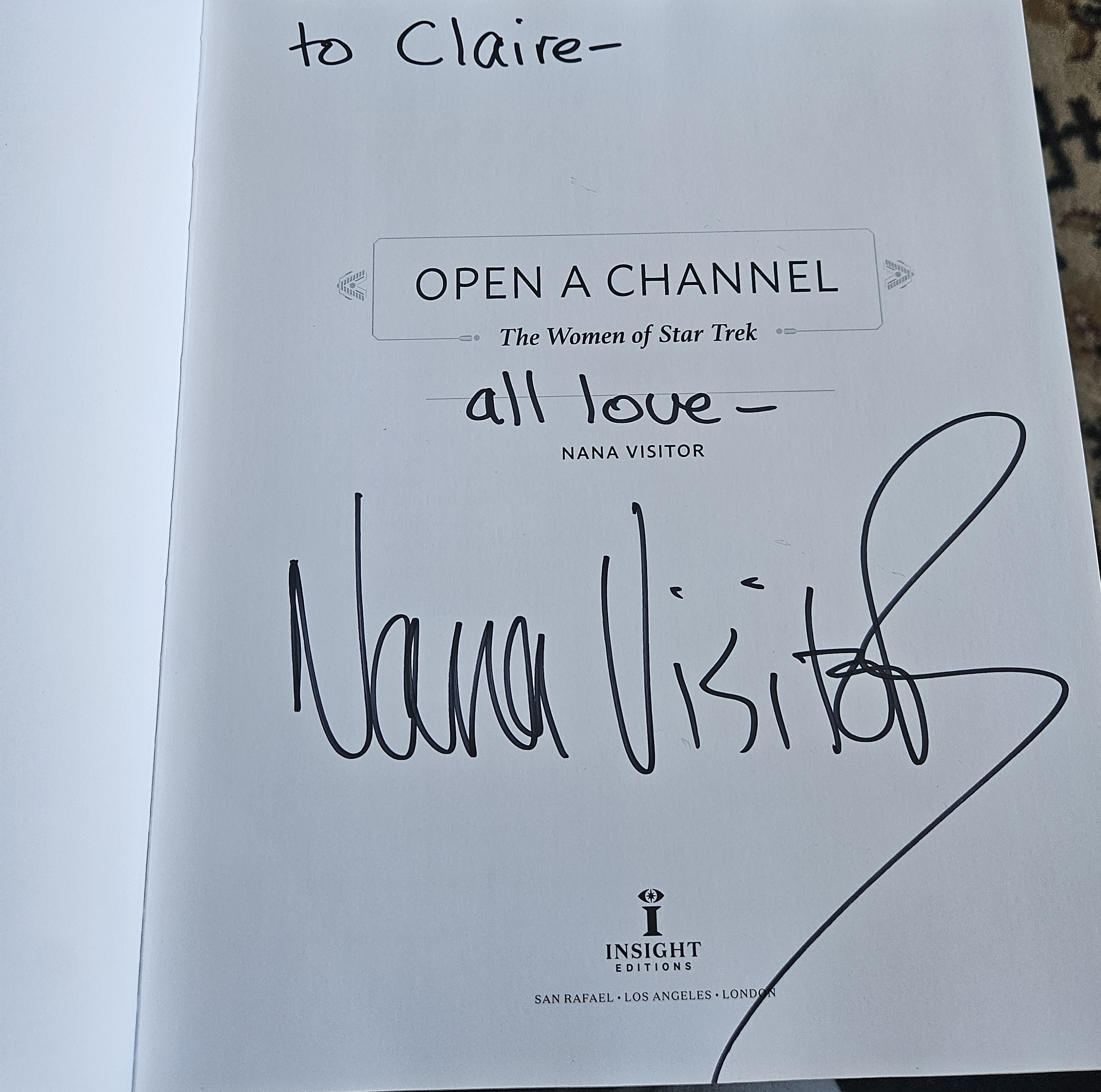 On the author page of my book, "to Claire, all love, Nana Visitor."