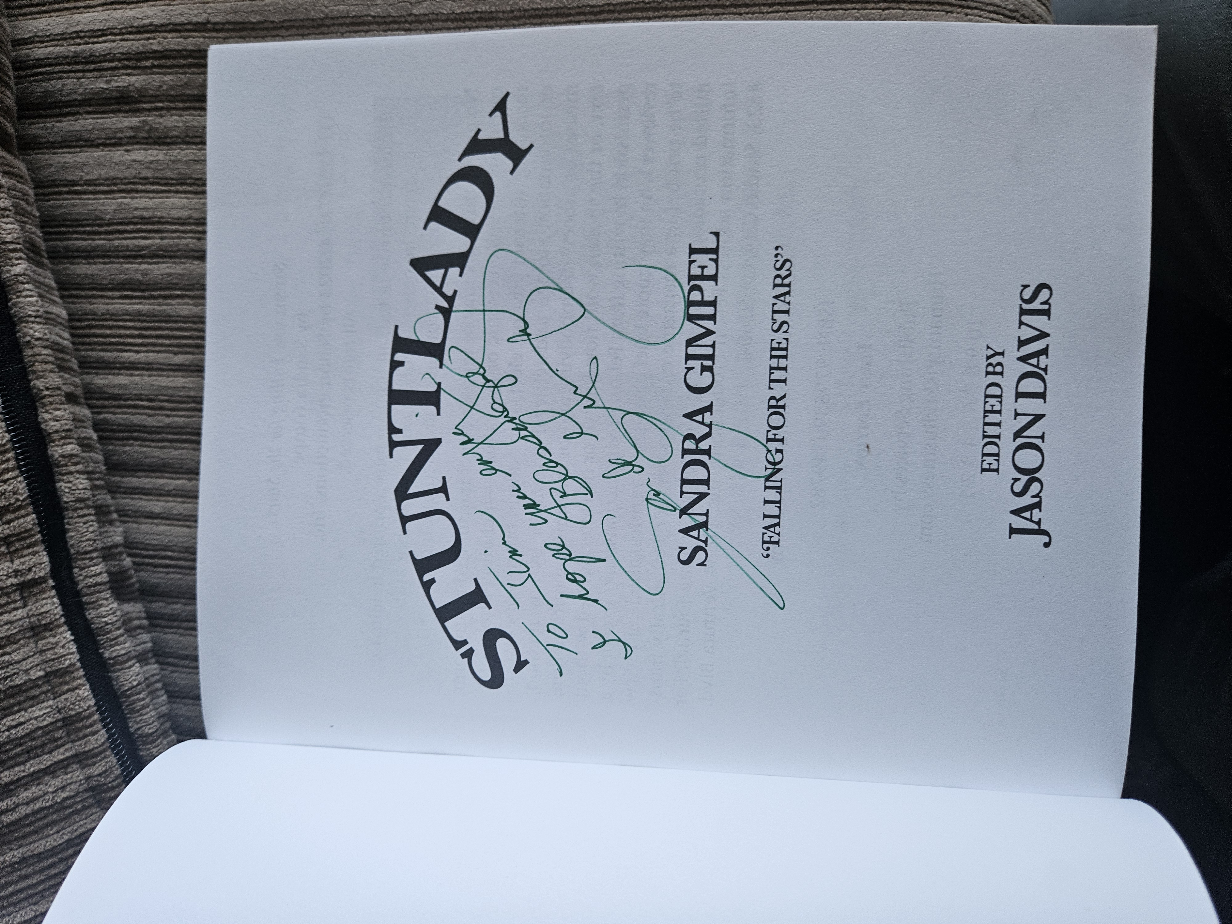 Author page of "Stuntlady" with signature "To Jim, hope you enjoy, blessings, Sandy Gimpel"