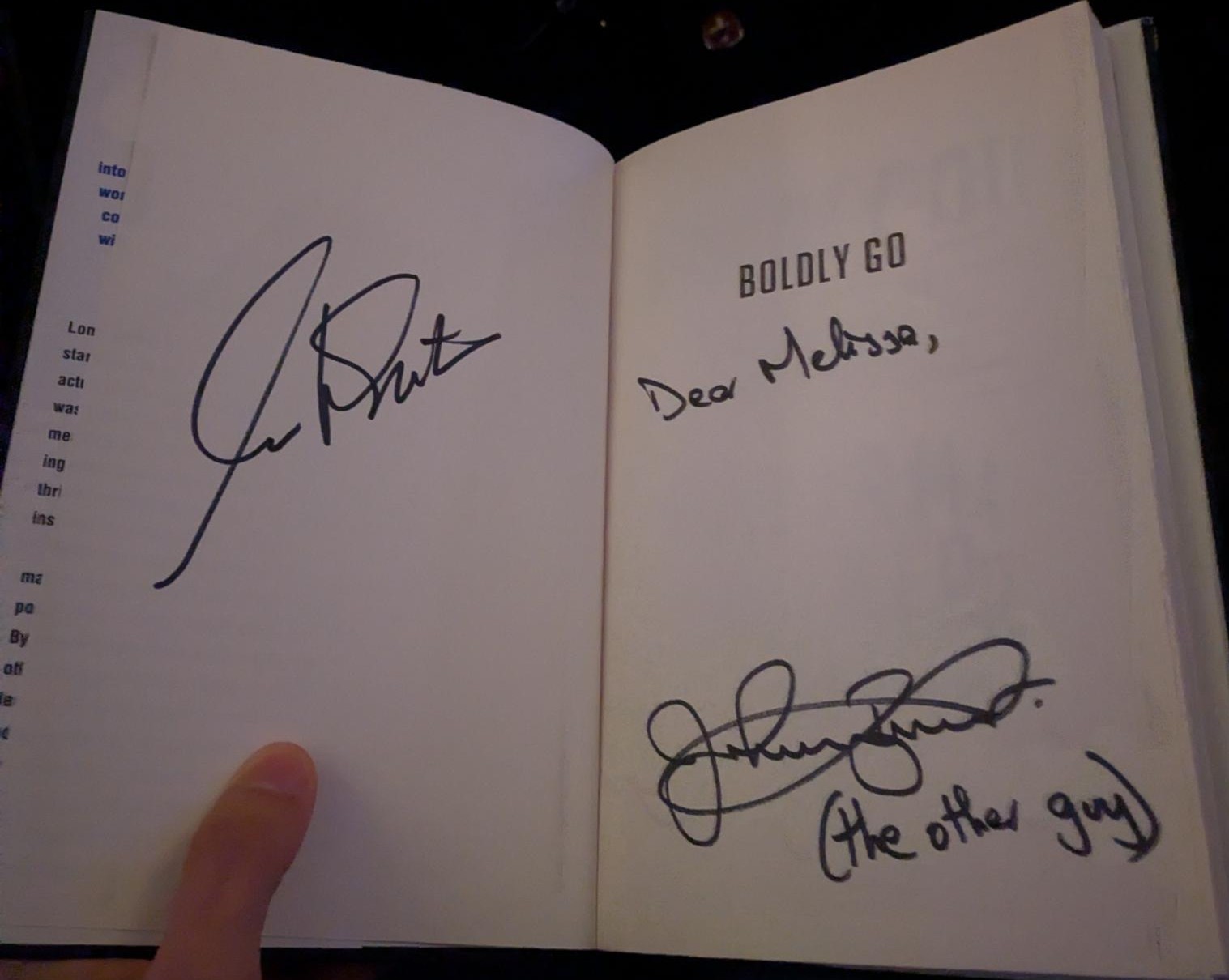 Boldly Go with "Dear Melissa," signatures from both authors, and a note that Brandon is "the other guy"