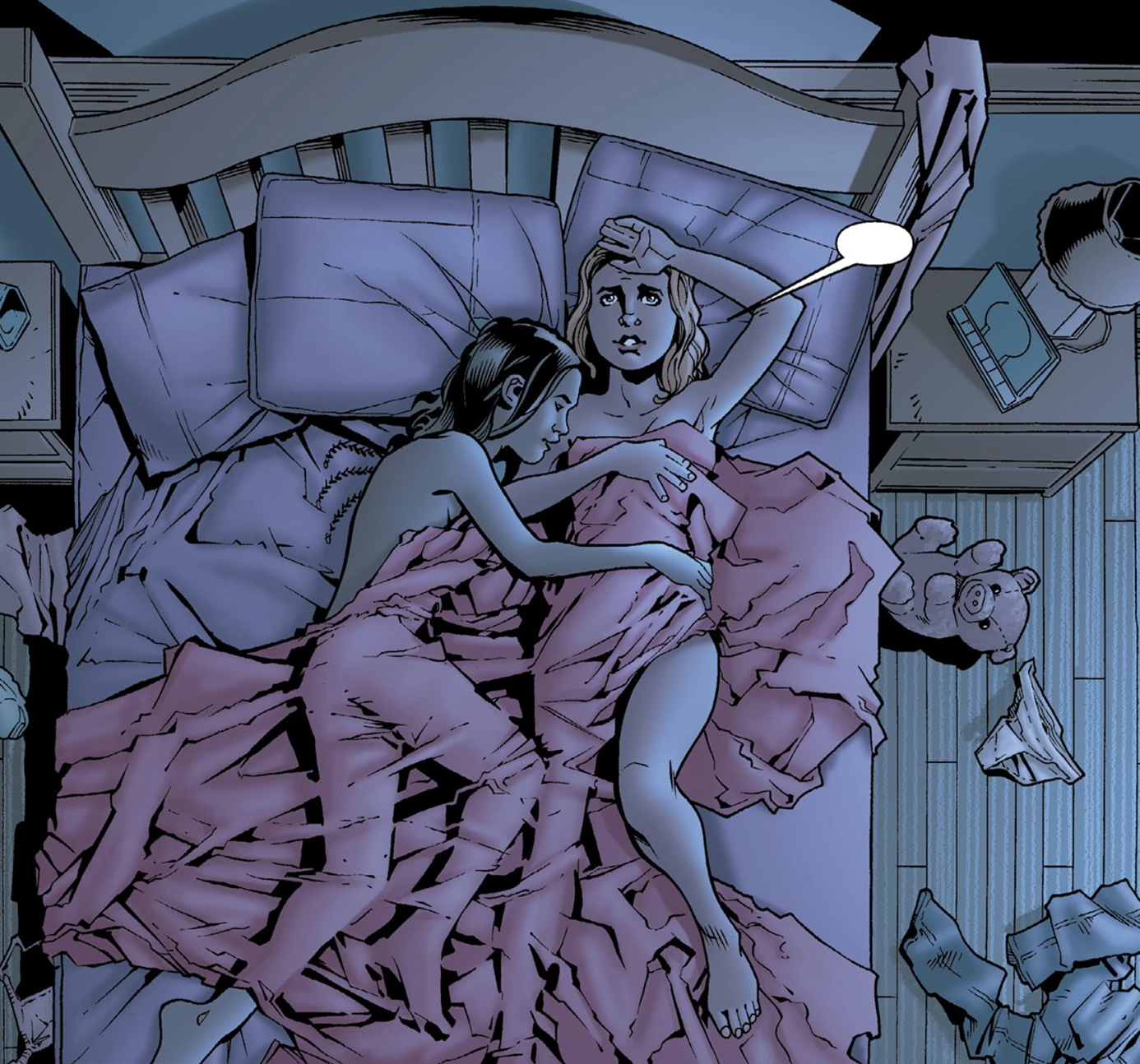 (Panel from a comic in which a brunette and a blonde are snuggled post-coitally in rumpled sheets)