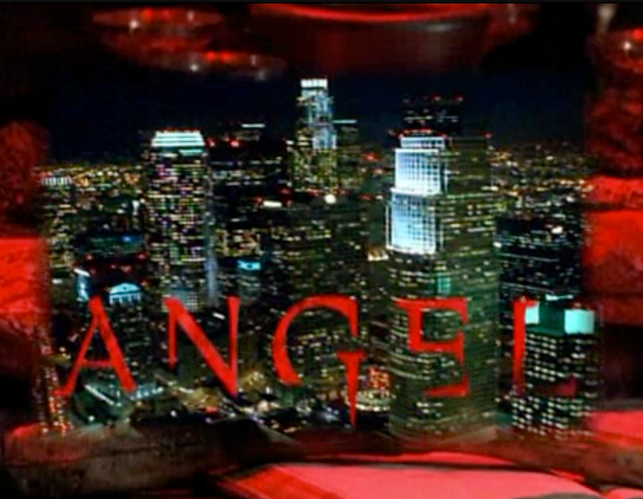 Los Angeles skyline with "Angel" superimposed in creepy red letters