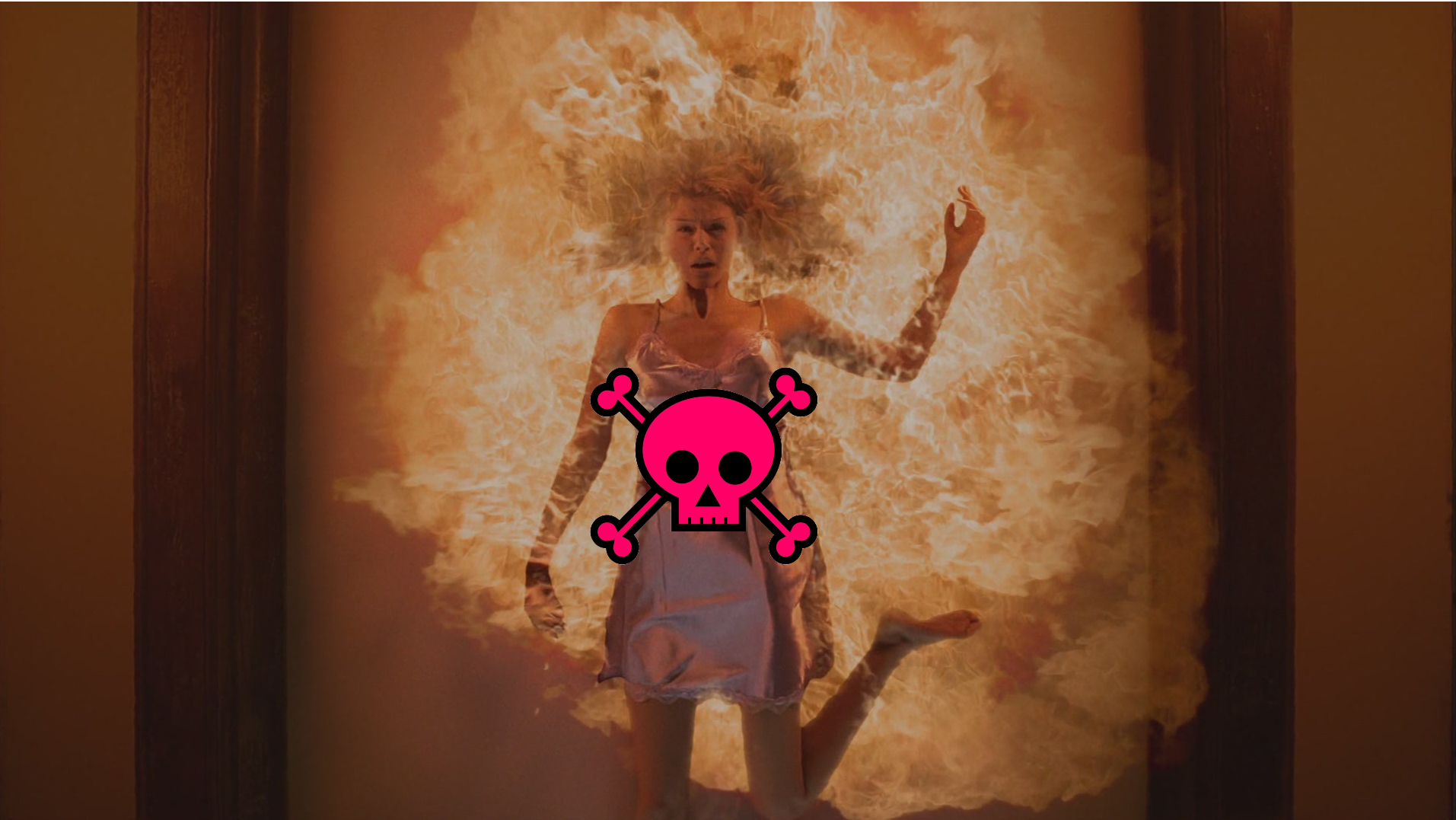 A different blonde-haired woman in an nightdress pinned to the ceiling with fire billowing out around her. Our logo is censoring some additional gory violence on this her body.