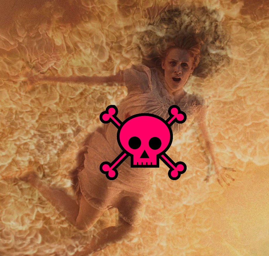 blonde-haired woman in an nightdress pinned to the ceiling with fire billowing out around her. Our logo is censoring some gory violence on her body.